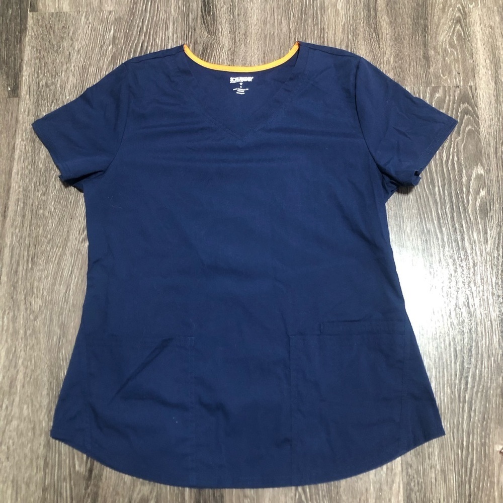 SCRUBSTAR Premium Indigo Blue V-Neck Scrub Top Stretch Orange Trim Size S
